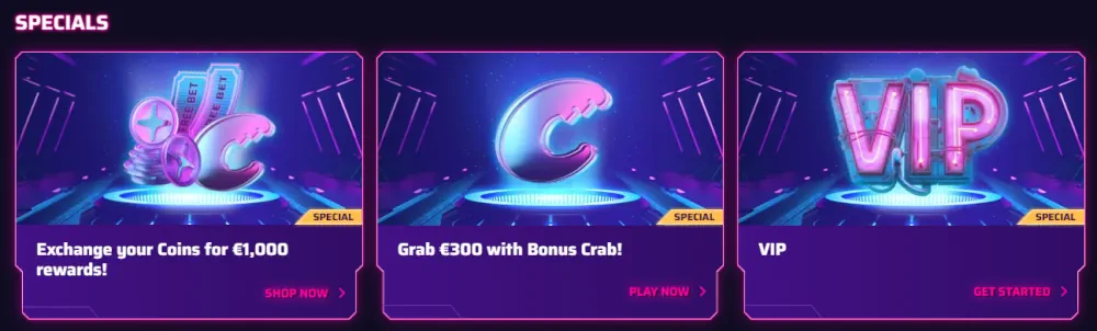 Sección de especiales de Roby Casino con intercambios de monedas y recompensas VIP